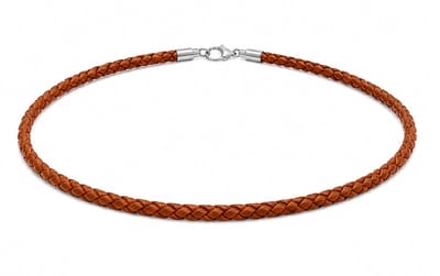 AuBor ®. Gevlochten leren ketting met zilveren sluiting. Cognac. 3mm × 55cm
