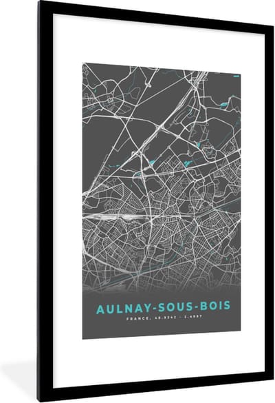 Fotolijst incl. Poster - Aulnay-sous-Bois - Frankrijk - Plattegrond - Kaart - Stadskaart - 80x120 cm - Posterlijst