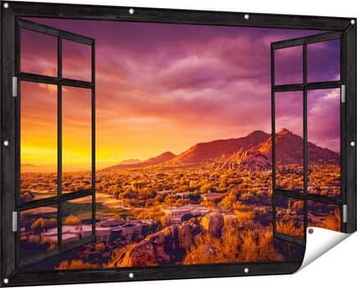 Gards Tuinposter Doorkijk Woestijn Landschap met Zonsondergang - 150x100 cm - Tuindoek - Tuindecoratie - Wanddecoratie buiten - Tuinschilderij