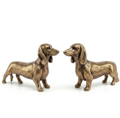 Goudkleurig teckel hond beeld set van 2 decoratief dieren beeldje langwerpige hond figuur ornament voor woonkamer bureau en boekenplank