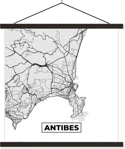Posterhanger incl. Poster 60x60 cm - Schoolplaat - Kaart - Stadskaart - Antibes - Plattegrond - Frankrijk - Textielposter - Zwarte latten - Stadskaart