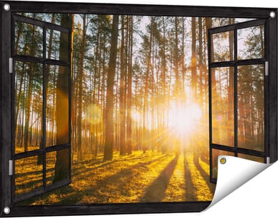 Gards Tuinposter Doorkijk Zonsopkomst in het Bos tussen de Bomen - 90x60 cm - Tuindoek - Tuindecoratie - Wanddecoratie buiten - Tuinschilderij