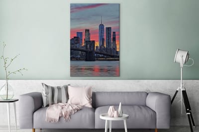 Zonsondergang bij de Brooklyn Bridge in Amerika canvas 80x120 cm - Foto print op Canvas schilderij (Wanddecoratie woonkamer / slaapkamer)