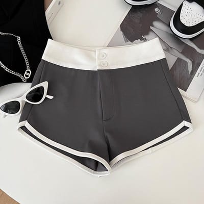 Shorts de Costume Amincissants à Taille Haute à Boutons Contrastés Polyvalents Pantalons Larges Pantalons Décontractés pour Femmes en Été XL gris