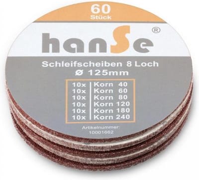 Voordeelpak 60x Schuurpapier rond – Ø125 mm – korrel 40/60/80/120/180/240 – 60 stuks totaal, 10 per korreltype - merk: Hanse Werkzeuge