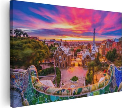 Artaza Canvas Schilderij Barcelona - 60x40 cm - Wanddecoratie Zonsondergang - Muurdecoratie Skyline - Schilderijen Op Canvas Stad
