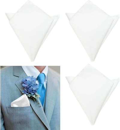 Allecto Plus - Set van 3 witte satijnen zakdoeken voor mannen - Vierkant - Zachte zakhaken - Praktisch accessoire voor bruiloft, feest en formele kleding.