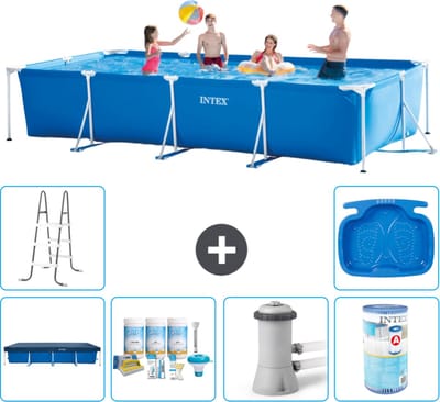 Intex Rechthoekig Frame Zwembad - 450 x 220 x 84 cm - Blauw - Inclusief Afdekzeil - Onderhoudspakket - Zwembadfilterpomp - Filter - Ladder - Voetenbad - 7-delig