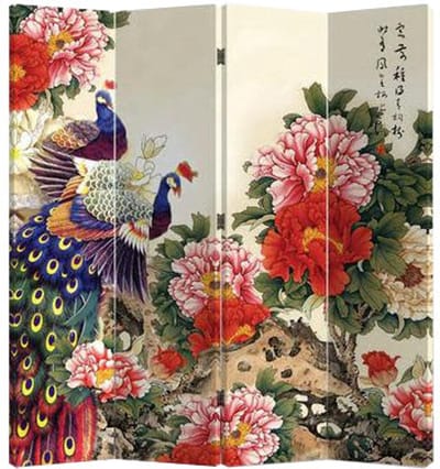 Fine Asianliving Chinees Kamerscherm Oosters Scheidingswand B160xH180cm 4 Panelen Twee Pauwen met Pioenen