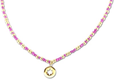 CO88 Collection 8CN-26304 Stalen Ketting met Kralen - Dames - Goudkleurig - 3 mm - Fuchsia - 2,5 mm - Ster - 10 mm - Lengte 70 + 7 cm