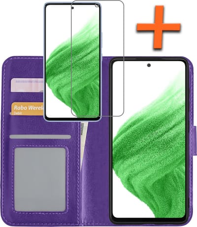 Hoes - Met Screenprotector - Geschikt voor Samsung Galaxy A53 - Luxe Pasjeshouder - Bookcase Portemonee - Flip Case - Kunstleer Book Case - Flipcase - Book Cover - Walletcase - PortemonneeHoes - Paars