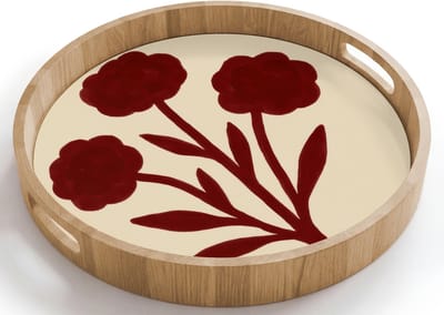 Dienblad rond 40x40 cm - Schootdienblad hout - Bloemen - Bladeren - Rood - Minimalistisch - Borrelplank rechthoek - Plateau houten dienbladen
