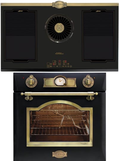 Kaiser - inbouwoven - inductie - afzuiging - EH 6355 Em - met 1-voudige telescoopgeleider - KCT 9365 IEm Retro - inductiekookplaat met geïntegreerde afzuigkap - 1250 m³/h - Empire design in brons
