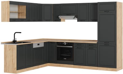 Vicco Hoekkeuken R-Line, Antraciet landhuis/Goudkleurig Eiken, 287 x 227 cm, WB Eik