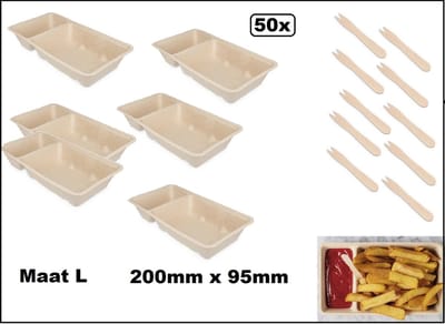 50x Frietbakje met sausvak + snackvork - mt.L - 100% biologisch afbreekbaar - Patat friet frites bakje snack bak food menu A22(A9+1)