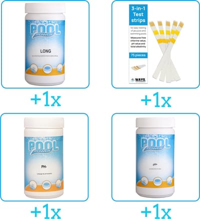 Zwembad Onderhoudspakket - Onderhoud Zwembad - bevat Chloor - Testrips - PH-min en PH-plus (4-delig)