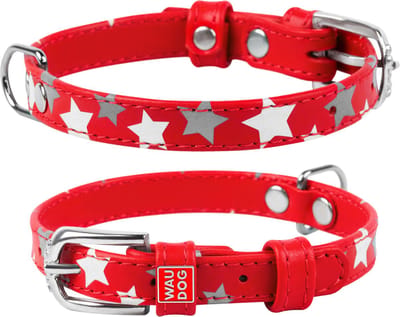 WAUDOG Glamour Star Halsband / Hondenhalsband - Echt Leder - Rood - Reflecterende sterren - XS - Breedte: 12 mm - Nekomtrek: 21 - 29 cm (GELIEVE ALVORENS BESTELLEN OPMETEN)