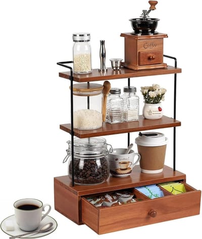Koffiefeestatie-organizer met lade, 3-traps koffieorganizer, koffiestation, etagère, koffiebar, accessoires, opbergrek, organizer voor werkblad, keuken, kantoor, badkamer