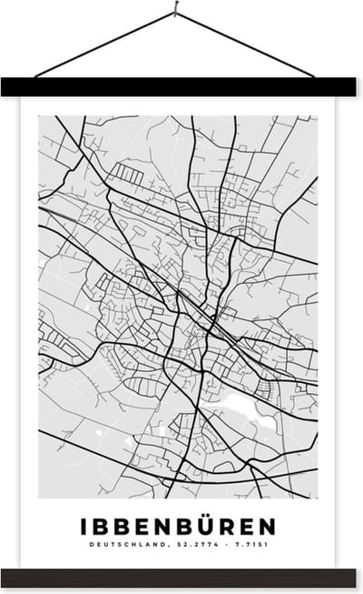 Posterhanger incl. Poster 40x60 cm - Schoolplaat - Duitsland - Plattegrond - Kaart - Ibbenbüren - Stadskaart - Textielposter - Zwarte latten - Stadskaart