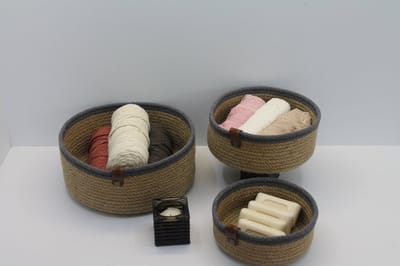 OZ Home - 3-delige Mandenset - Beige/Donkerblauw - Duurzaam & Functioneel - Voor Compacte Opslag en Decoratie