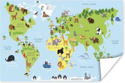 Poster kids - Kinderkamer decoratie - Wereldkaart - Kinderen - Dieren - Blauw - Groen - Poster wereldkaart - 30x20 cm - Wanddecoratie kinderkamers
