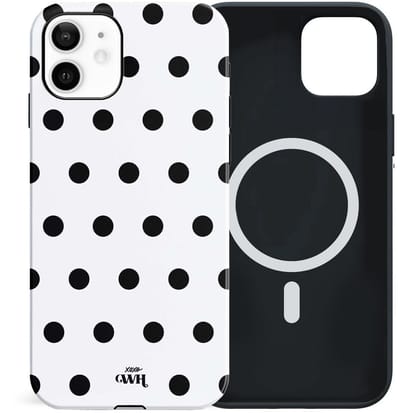 xoxo Wildhearts Polka Dots (Wit) - Double Layer - Magnetisch hoesje geschikt voor iPhone 12 MagSafe - Hard case met stippenpatroon - Beschermhoes - Shockproof case - Stippatroon - Wit / Zwart