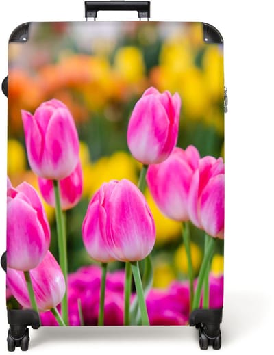 NoBoringSuitcases.com® - Koffer groot - Reiskoffer lichtgewicht - Bloemen - Tulpen - Roze - Lente - Natuur - Rolkoffer met 4 wielen - Grote trolley XL - 98 liter bagage