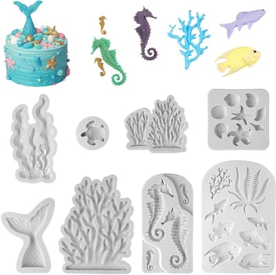 Set van 8 Siliconen Mallen voor Zee Dieren - 3D Fondant Mallen voor Taart, Chocolade en Marsepein, Inclusief Zeemeermin, Schelp en Stervormen