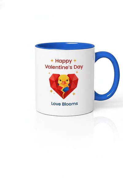 Valentijnsdag Mok 'Happy Valentine's Day' met Lief Kuiken in Gebroken Hart - Love Blooms Design - Blauw-Wit Keramiek Cadeau