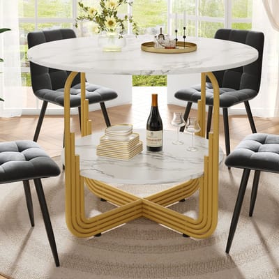 DESMIU Eettafel - Ronde Tafel Met Marmerlook En Verstelbare Poten En Opbergruimte - Voor Eetkamer, Woonkamer En Vergaderruimte - MDF - Goud - 80x80x76 Cm