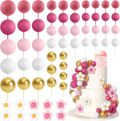 61 Stuks Boho Taarttopper Ballen en Bloem Decoraties voor Verjaardagsfeestje, Bruiloft en Babyshower