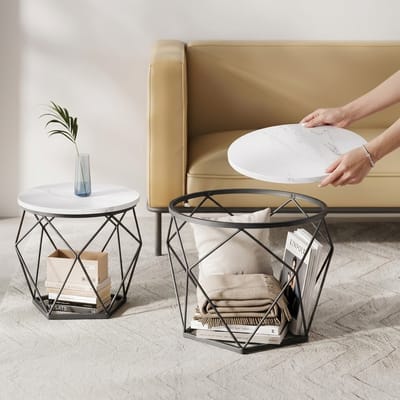 MAZAZU Set van 2 Ronde Bijzettafels - Salontafel - Opbergruimte - Marmer Look & Zwart Metaal - Industrieel/Modern - 50x40cm