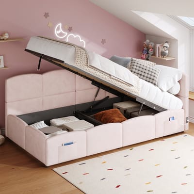 MODENUIT Gestoffeerd bed 90x200 cm – Slaapbank met USB-poorten – Hydraulische opbergruimte – Zonder matras – Fluweel – Roze
