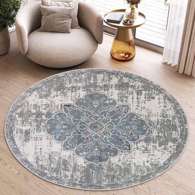 Tapiso Valley Rond Vloerkleed Grijs Blauw Gezaagd Laagpolig Tapijt Maat- 160x160