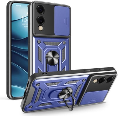 MobyDefend Hoesje - Geschikt voor Samsung Galaxy S25 Edge - Pantsercase Met Draaibare Ring - Blauw