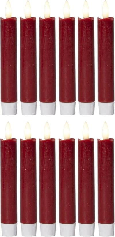 Novaliv LED-kaarsen met timer ROOD 12 stuks binnen 6 uur ECHTE WAS 15 cm hoogte voor kaarsen 2,2 cm diameter 2 AAA-batterijen vereist LED-kaarsen set van 4 3X bewegende vlamlamp