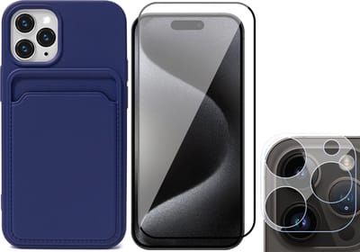 Hoesje Pasjeshouder geschikt voor iPhone 15 Pro - Screenprotector FullGuard + Camera Lens Screen Protector - Siliconen Case Back Cover Blauw