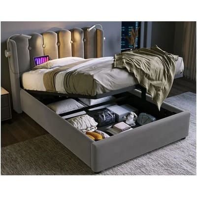 ModernLuxe Gestoffeerd opbergbed met LED en USB oplaadpoorten - 90x200cm - fluweel stof - met lattenbodem - Grijs