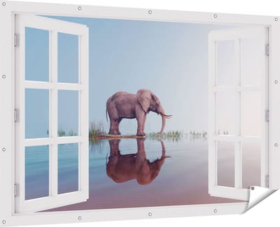 Gards Tuinposter Doorkijk Olifant bij het Water - 180x120 cm - Tuindoek - Tuindecoratie - Wanddecoratie buiten - Tuinschilderij