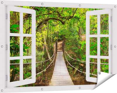 Gards Tuinposter Doorkijk Hangbrug - 120x80 cm - Tuindoek - Tuindecoratie - Wanddecoratie buiten - Tuinschilderij