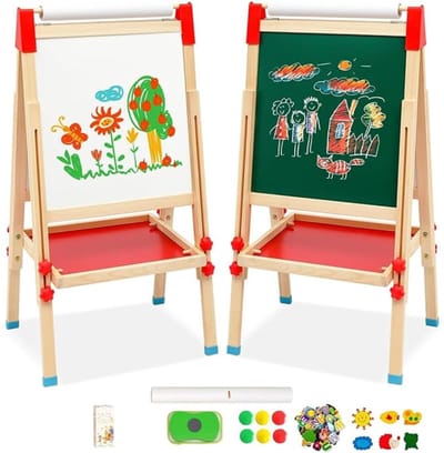 TIM® Krijtbord Staand - Krijtbord Kinderen Met Opbergruimte – Tekenbord Met Cijfers en Accessoires – Dubbelzijdig Schoolbord - Schrijfbord Uitwisbaar – Magnetisch Whiteboard – Educatief Speelgoed - Schildersezel - Bruin - 49cm x 49cm x 114cm