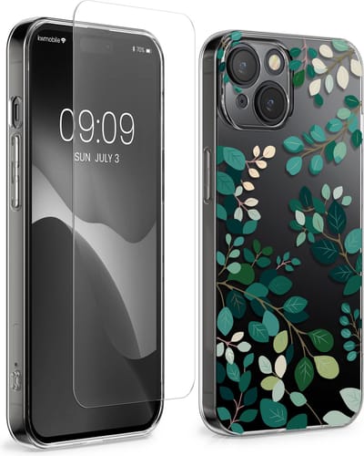 kwmobile telefoonhoesje geschikt voor Apple iPhone 15 hoes - Telefoonhoesje voor smartphone - Telefoon cover - Met glazen schermbeschermer - Voorjaarsblaadjes design