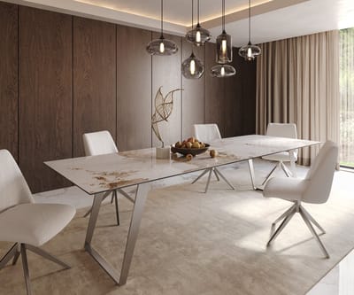 Eetkamertafel Edge keramiek Minas Melange wit-beige 300x100 RVS schuin