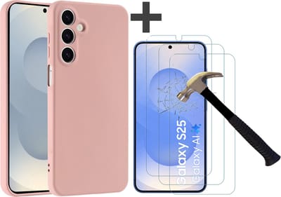 Hoesje geschikt voor Samsung Galaxy S25 hoesje zacht siliconen met 3 Stuks gehard glas Screenprotectors- Arara backcover - Zand