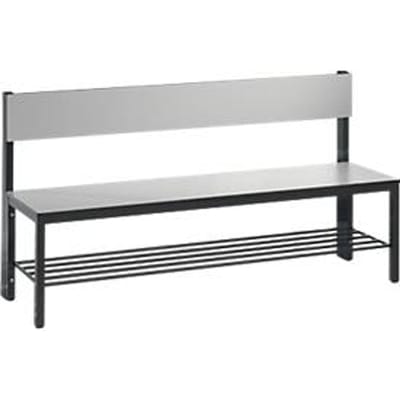 Basic Plus bank, 1-zijdig, rugleuning, met schoenenrek, 4-poots onderstel zwartgrijs RAL 7021, B 1500 mm, decor zilvergrijs