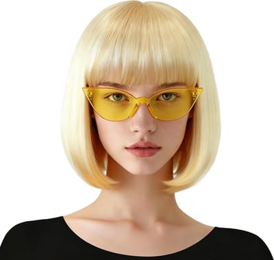 Korte Blonde Bob Peruk met Pony en Zonnebril Set voor Vrouwen en Meisjes, Perfect voor Halloween en Cosplay Feestjes