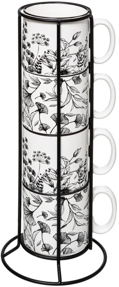 Secret de Gourmet Koffie mokken/bekers Flowers - 4x stuks in metalen rekje - Keramiek - glans afwerking - 240 ml - 7 x 8 cm