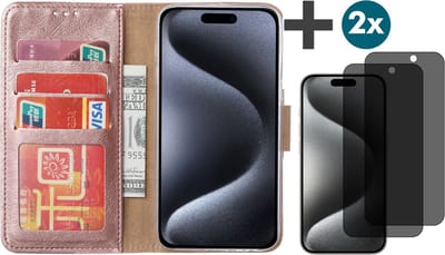 Hoesje met Privacy Screenprotectors 2 Stuks Geschikt voor iPhone 15 Pro Max – Arara bookcase met pasjeshouder - Rosegoud
