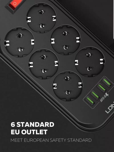 Stekkerdoos - Contactloos - Aan/Uit schakelaar - 4 USB ingangen - 2M snoer - Zwart