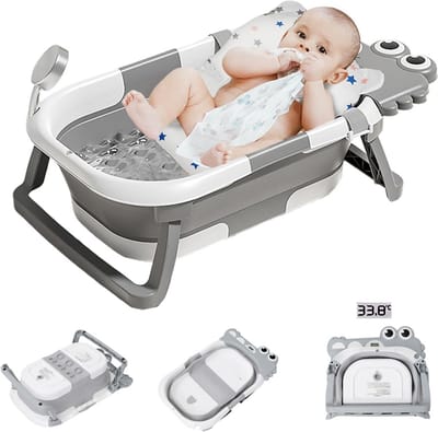 Babybadje Krokodil - Opvouwbaar badje - Baby badplezier - Met thermometer - 43 x 29.6 x 19.4 cm - Grijs